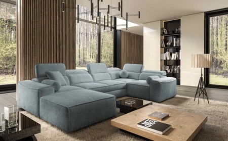 Ecksofa mit Schlaffunktion Viano IV grau-blau links Designer Ecksofa das perfekt in moderne Einrichtungen passt