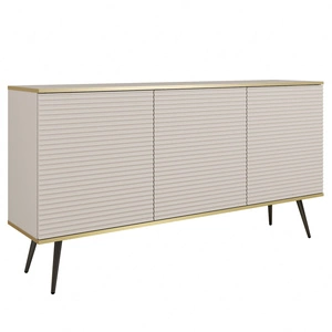 Kommode Luxury 160 cm beige elegantes Design stilvolle geriffelte Fronten Kommode Körper mit goldenen Streifen schwarze Metallbeine gekrönt