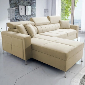 Ecksofa mit Schlaffunktion Nausa beige Linkshänder Samt stilvolle komfortable Ecksofa verstellbare Kopfstützen Bettzeug Container