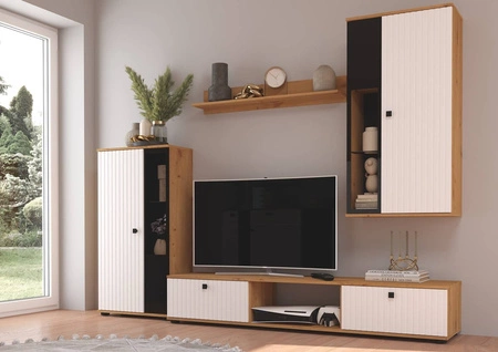 Senja Möbelset Eiche handwerklich / weiß modernes Design dekorative geriffelte Fronten mit Metallgriffen