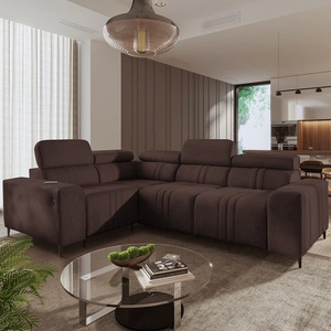 Ecksofa mit Schlaffunktion Castel II braun links bequemes Ecksofa mit verstellbaren Kopfstützen Container für Bettzeug