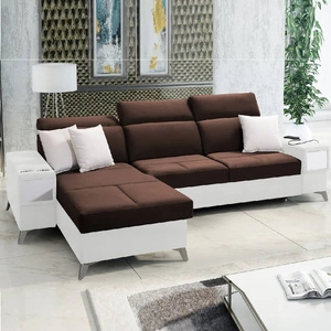 Ecksofa mit Schlaffunktion Elgin braun/weiß linkes Ecksofa mit verstellbaren Kopfstützen praktische Schubladen in Möbelseiten