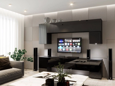 Tolo schwarz / schwarz glänzend unkonventionelle Schrankwand mit elegantem Charakter, ideal für ein Wohnzimmer oder einen Sitzungssaal