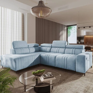 Ecksofa mit Schlaffunktion Castel VII blau linke Seite stilvolles Ecksofa mit Bettzeugablage und verstellbaren Kopfstützen