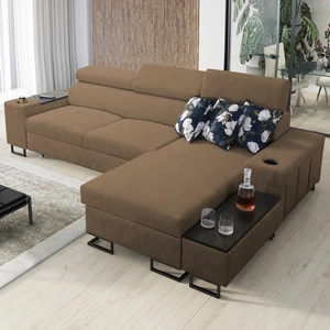 Ecksofa mit Schlaffunktion Flavio hellbraun rechts bequemes elegantes Ecksofa mit einer seitlich zu öffnenden Verlängerungsstange des Möbels