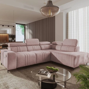 Ecksofa mit Schlaffunktion Castel VII rosa rechte Seite stilvolles Ecksofa mit Bettzeugablage und verstellbaren Kopfstützen