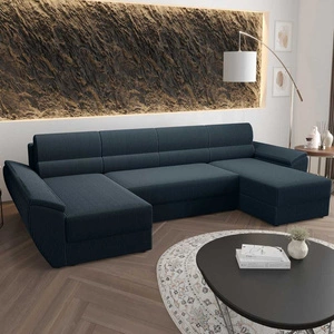 Ecksofa mit Schlaffunktion Fogu U III blau stilvolles Ecksofa mit Armlehnen und Bettzeugablage Kordelstoff