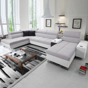 Ecksofa mit Schlaffunktion Dafni V Esche grau / weiß rechts geflochten komfortables und bequemes Ecksofa mit verstellbaren Kopfstützen