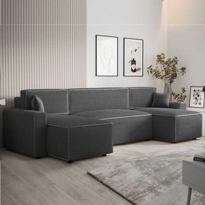 Ecksofa mit Schlaffunktion Brandon U Bis grauer Bettzeugcontainer dreidimensionaler Stoff mit ausdrucksvollen Streifen weiche Armlehnen