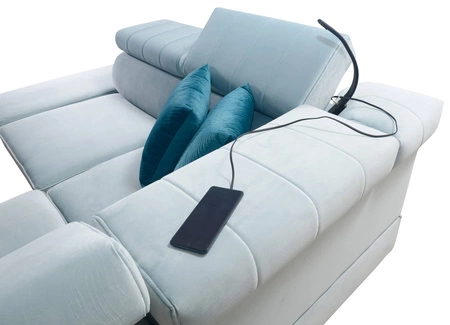 Ecksofa mit Schlaffunktion Rava III hellbeige Linkshändersamt komfortables Ecksofa mit verstellbaren Kopfstützen und Bettzeugbehälter