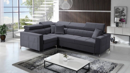 Nausa II Ecksofa mit Schlaffunktion in Graphit links Samt Ziernähte auf der Sitzfläche Ecksofa mit einem Koffer für Bettzeug