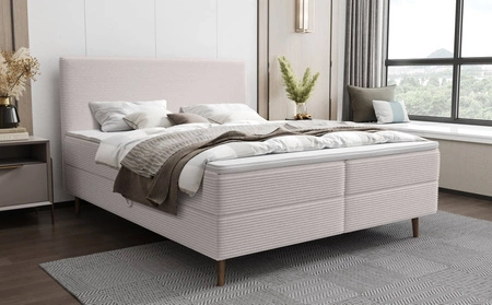 Boxspringbett Totti 140x200 elfenbeinfarben stilvolles Bett mit Bettzeugablage dreidimensional gestreifter Stoff