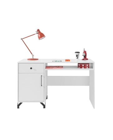 Schreibtisch mit Schublade Skien 125 cm weiß glänzend elegantes Design einfache Form der Möbel mit stilvollen Metallelementen bereichert schwarze Beine 