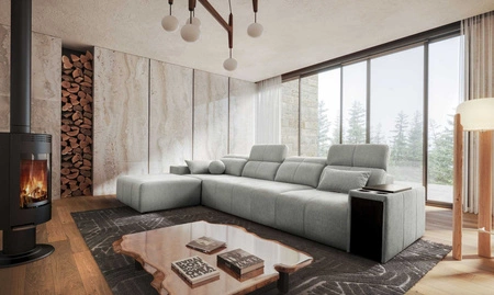 Ecksofa mit Schlaffunktion Tesalia XII grau Esche links modernes Design komfortable Schiebelehne Schublade in der Seite des Möbels