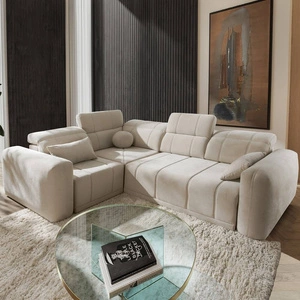 Ecksofa mit Schlaffunktion Cetara II beige linke Seite stilvolles Design verschiebbare Rückenlehnen verstellbare Kopfstützen und Bettzeugbehälter