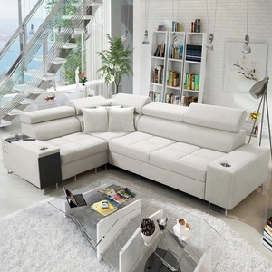 Ecksofa mit Schlaffunktion Dafni II elfenbeinfarbenes Ecksofa aus Samt links mit Bettzeugstauraum und Vollauszug