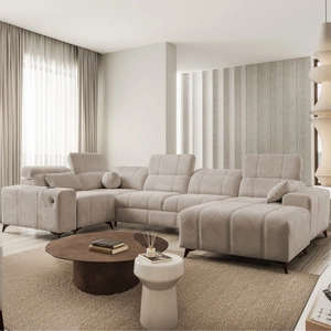 Ecksofa mit Schlaffunktion Penejos IV dunkelbeige rechte Ecke Schlafsofa mit zwei Bettkästen strapazierfähigem Stoff