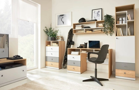 Schreibtisch mit Schubladen Pixel 125 cm Biskuit Eiche / weiß / grau stilvoll und funktional für das Jugendzimmer