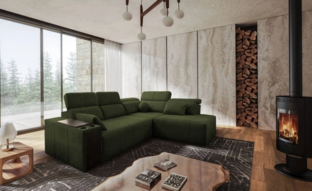 Ecksofa mit Schlaffunktion Tesalia VII grün rechte Seite modernes Design komfortable Schiebelehne Schublade in der Seite des Möbels