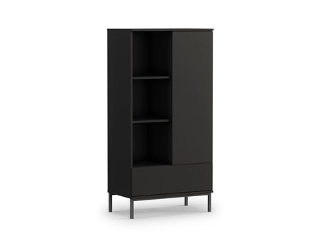 Tutti-Möbelset schwarz einfache Form eines Hängeschranks, der auf einem schwarzen Metallsockel ruht griffloses Push-to-Open-System