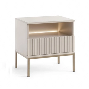 Nachttisch mit Schublade Amma beige geschmackvoll geriffelt Dekor LED-Beleuchtung ideal Schlafzimmer Schrank
