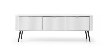 RTV Schrank Zoya 168 cm weiß modernes Design Körper auf Metallbeinen geriffelte Front charakteristische ovale Form gesetzt