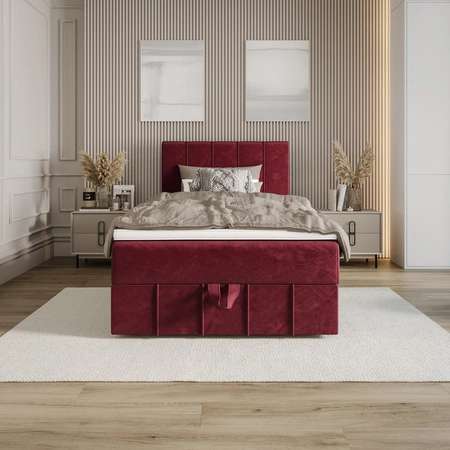 Boxspringbett Casey 90x200 dunkelrot im modernen skandinavischen Stil mit gepolstertem Kopfteil Bett mit Staukasten