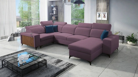 Ecksofa mit Schlaffunktion Kelly IV heather right samtiges bequemes Ecksofa verstellbare Kopfstützen seitlich mit Lamellen verziert