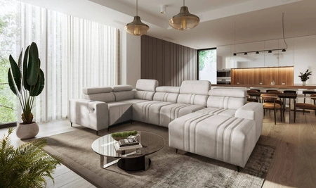 Ecksofa mit Schlaffunktion Castel IV beige rechtsseitig stilvolles Ecksofa mit Bettkasten und verstellbaren Kopfstützen