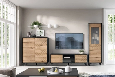 Wohnwände Gusto Schwarz / Eiche Evoke Modernes Design Wandschrank für das Wohnzimmer oder das Tageszimmer mit dekorativem Fichtendekor
