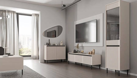 Vitrine Osaka 56 cm beige/schwarz elegante Vitrine für den Wohnbereich mit minimalistischem Design geschmackvolle geriffelte Front gehärtetes Glas