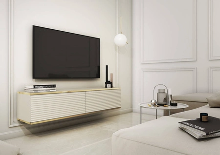 TV-Lowboard Luxury 135 cm Beige Stilvolle geriffelte Front Korpus verziert mit einer goldenen Leiste begeistert Liebhaber eleganter Arrangements