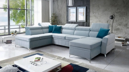 Ecksofa mit Schlaffunktion Rava VI blau rechtshändig Praktisches und modernes Ecksofa, ausgestattet mit einer Multifunktionslampe