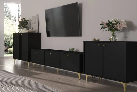 Kioto I Möbel schwarz graphit stilvolles Design Wohnzimmermöbel elegante Wohnwand auf einem goldenen Metallsockel