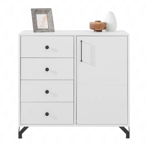 Kommode mit Schubladen Skien 90 cm weiß glänzend elegantes Design einfache Form der Möbel mit stilvollen Metall-Elemente bereichert schwarze Beine