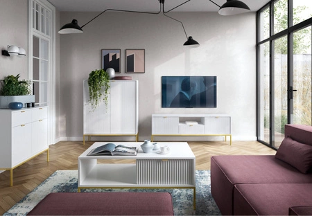 Lovro Möbel Set weiß modernes Design Schrankwand für Wohnzimmer oder Boardroom Möbel angereichert mit goldenen Metall-Accessoires