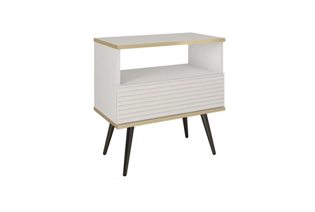 Nachttisch mit Schublade Luxury weiß eleganter Designschrank mit goldener Zierleiste Schrank mit geriffelter Front schwarze hohe Beine
