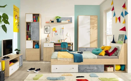 Möbelset Cary Biskuit Eiche / weiß / Beton ideal für ein Jugend- oder Kinderzimmer in einem trendigen Stil Staufach in der Kopfstütze
