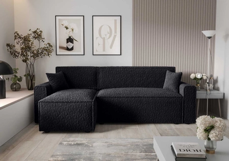 Ecksofa mit Schlaffunktion Brandon Bis schwarz linke Seite weicher Stoff mit charakteristischer Schlingenoberfläche Bettzeugbehälter