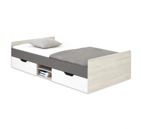 Bett Remona 120x200 cm Eiche wilton weiß / weiß / anthrazit modernes und praktisches Bett mit Schubladen für ein Kind oder einen Teenager