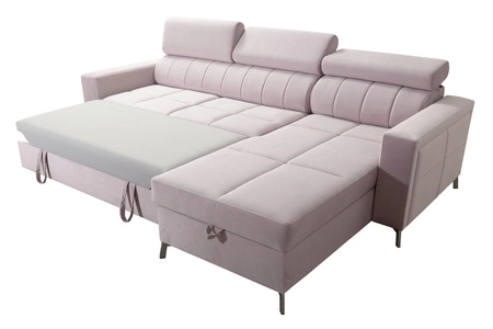 Nausa Ecksofa mit Schlaffunktion marineblau rechts Samt stilvolles bequemes Ecksofa verstellbare Kopfstützen Bettzeug Container