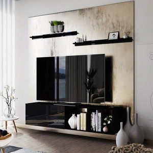 RTV-Wandschrank Astros 180 cm schwarz / schwarz glänzend mit Einlegeböden minimalistisches und elegantes Design, das sich in jede Einrichtung einfügt