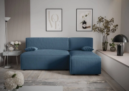 Ecksofa mit Schlaffunktion Brandon blau rechte Ecke dreidimensionaler Stoff mit ausdrucksstarken Streifen Bettzeug Container