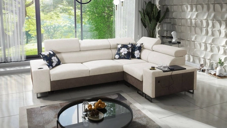 Ecksofa mit Schlaffunktion Flavio II hellbeige/braun rechts bequemes Ecksofabett offene Bar an der Seite des Möbels