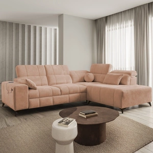 Ecksofa mit Schlaffunktion Penejos VII salmon right stilvolles Ecksofa mit Bettzeugablage komfortable verstellbare Kopfstützen