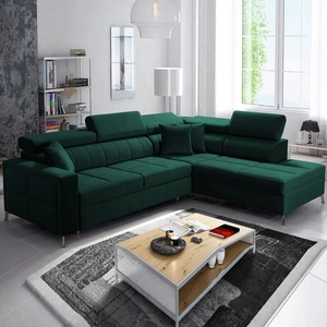 Ecksofa mit Schlaffunktion Nausa III Flaschegrün rechte Seite Samt bequemes Ecksofa verstellbare Kopfstützen Behälter für Bettzeug