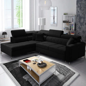 Ecksofa mit Schlaffunktion Nausa III schwarzer linksseitiger Samt stilvolles bequemes Ecksofa verstellbare Kopfstützen Bettzeugcontainer