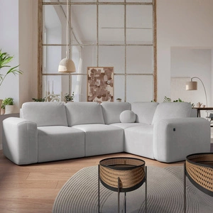 Ecksofa mit Schlaffunktion Arbon II graue Esche rechtes Ecksofa stilvolles Design markante runde Form Behälter für Bettzeug