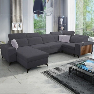 Ecksofa mit Schlaffunktion Kelly IV graphit links geflochten bequemes Ecksofa verstellbare Kopfstützen seitlich mit Latten verkleidet