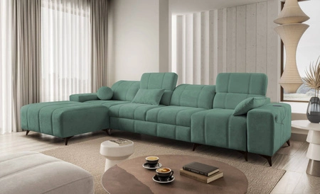 Ecksofa mit Schlaffunktion Penejos XII grün linke Seite stilvolles Ecksofa mit Bettzeugcontainern komfortable verstellbare Kopfstützen